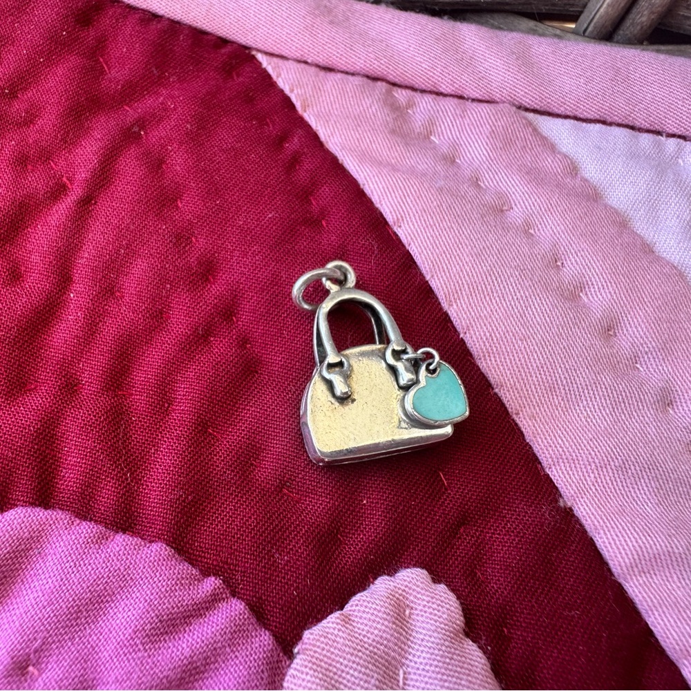 Silver Tiffany & Co Purse Charm with Teal Heart Enamel Accent